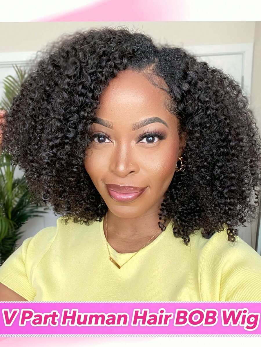 V Part Bob Wigs Human Hair Wigs Afro Curly Human Hair Wig No Leave Out