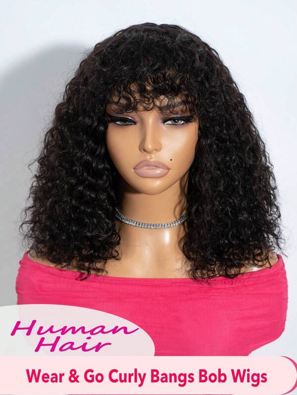 Human Hair Deep Curly Bob Wig With Bangs Water Wave Full Machine Made Wigs Non Lace Glueless Jerry Curl Wigs For Women Natural Black Color 180% Density
