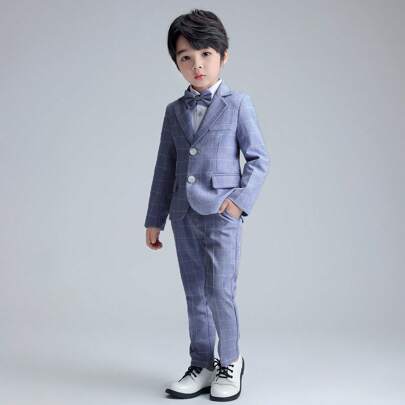 3pcs/Set Young Boy Plaid Suit Jacket, Trousers, Tie Set, Suitable For Formal Occasions Like Dinner, Wedding, Performance, School Uniform, Autumn