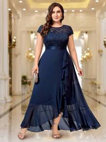 Plus Sequin Floral Lace Chiffon Ruffle Split Thigh Formal Party Long Dress Elegant Prom Evening Wedding Guest Gown, For Graduation, Dinner