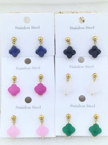 2pcs Flower Natural Stone Women 18K Gold Plated Stainless Steel Thick Stud Earrings, 4 Petal Floral Design Valentines