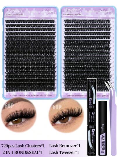 720pcs D-Curl Lash Clusters, Lash Clusters Kit, Natural Lash Extension Kit With Lash Bond And Seal, Remover, Applicator, Cluster Eyelash Extensions Kit, Eyelash Clusters, 60D+80D, 9-17MM-0.07D, DIY At Home Lash Clusters Kit, Lashes, Eyelashes, Fake Lashes