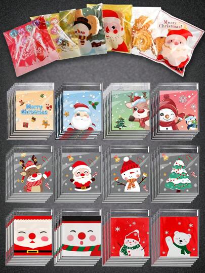 100/200/300 PCS Christmas Self-Adhesive Candy Bags Xmas Treat Cookie Bags For Christmas Holiday Party Favor Gift Decoration Supplies