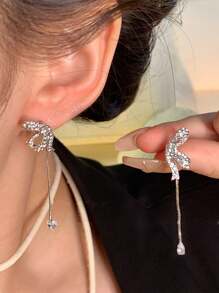 topshiny 1 对优雅蝴蝶结流苏耳环，简约设计，百搭佩戴，适合女性情人节、妈妈、母亲、母亲节、礼物 - 銀色 - 查看 3