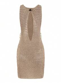 Sexy Slim Beach Mini Dress Women Cut Out Circle Decoration Tunic Seaside Beachwear Swimsuit Cover Up Summer