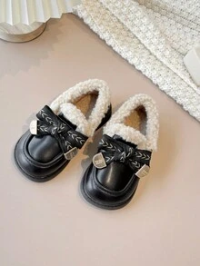 1 đôi giày đế bằng cổ thấp bằng da PU cho bé gái, lót giữ nhiệt, chống trượt, phù hợp cho mùa thu đông - màu đen - Xem 2