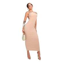 Ribbed Sheath Dress With Open Back And Ruched Straps Midi - Màu be - Xem 1