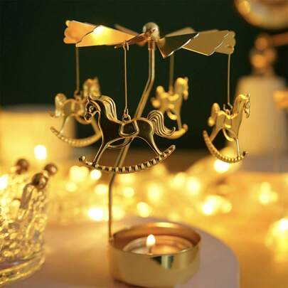 1pc Merry-Go-Round Golden Hot Rotating Wax Candlestick Decoration Transfer Windmill Creative Halloween Christmas Gifts Rotating Candle Holder, Golden Rotating Candlestick Set For Romantic Wedding, Christmas Party, Family Table Decoration, Holiday Gifts