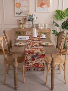1 件彩色编织米粒底彩色花朵流苏桌旗，美式复古花卉桌布 - 米色 - 查看 9