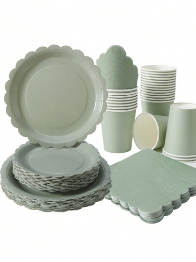 25pcs Sage Green Flower Petal Paper Plate, Napkins & Cup Set, Disposable Party Tableware Suitable For Birthday, Wedding, Party, Family Picnic