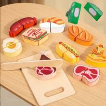 Juego de cocina de madera con frutas y verduras de juguete, set de alimentos de juego, juguetes de madera, alimentos de madera
