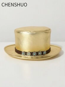 1 件女式 PU 皮革铆钉镶嵌魔术师帽、总统帽、表演帽、绅士帽、大礼帽、爵士帽、西部牛仔帽、蒸汽朋克风格和街头服饰，适合音乐节、西部牛仔主题活动、复古派对、角色扮演、服装派对、生日、舞台表演、四季穿着 - 禮帽 - 查看 8