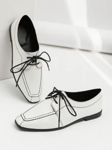 女士全新白色方头系带牛津鞋，休闲时尚英式平底舒适软底乐福鞋 - 白色 - 查看 1