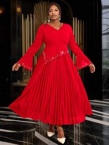 Abito da donna taglie forti con scollo a V, decorato con perle, maniche a zampa d'elefante increspate, gonna plissettata, elegante abito da ballo a manica lunga semi-formale, adatto per compleanni, matrimoni, lauree, feste di fine anno - Rosso - Visualizzare 3