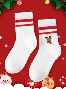 1双儿童袜子秋冬白色中筒袜红色双杠学生袜可爱卡通圣诞圣诞老人麋鹿图案圣诞装 - 彩色 - 查看 2