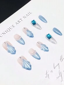 10Pcs/Pack Almond-Shaped Elegant Handcrafted 3D Mermaid Tail French Design Rhinestone & Pearl Decor Artificial Nails, Suitable For Daily Wear Press On Nails Nail Supplies Nails