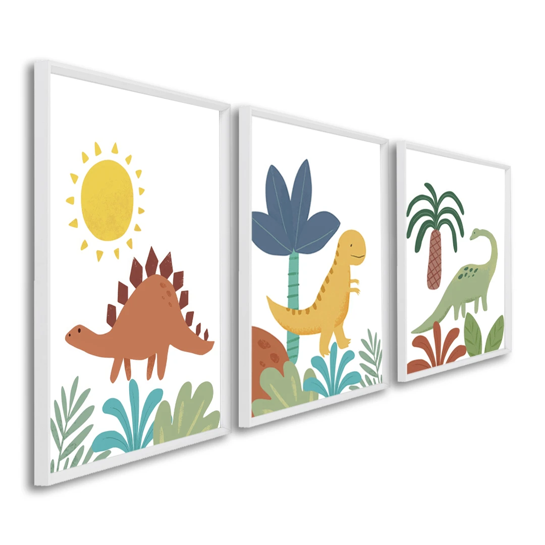 3-Piece Decorative Frame For Children - World Of Colorful Dinosaurs - White - View 1