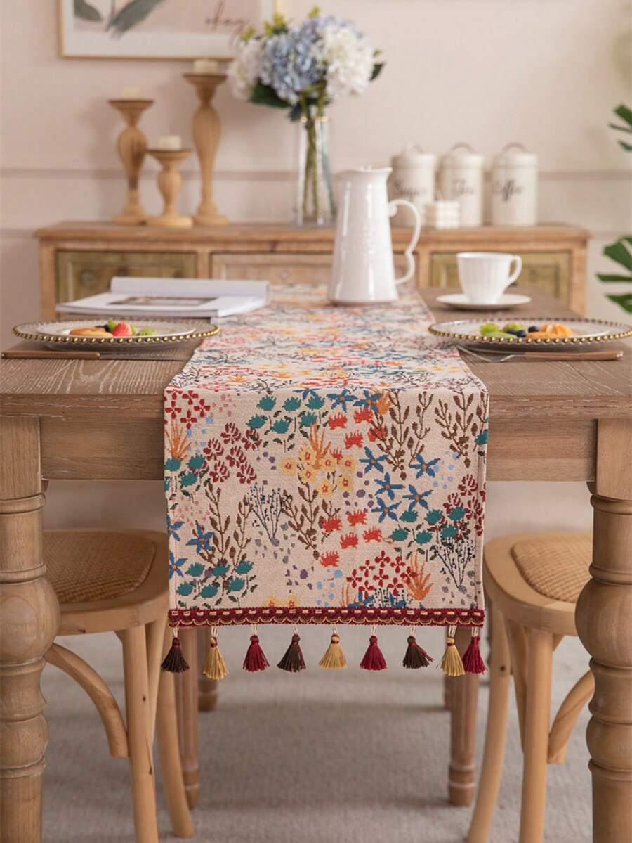 1 件提花编织彩色树枝和红色流苏桌旗，适用于咖啡桌、电视柜、床尾、Ins 风格 - 米色 - 查看 1