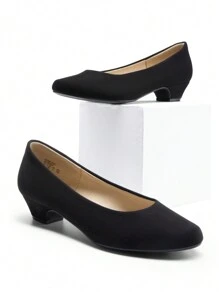 Zapatos de tacón ancho bajo para mujer, de unicolor, con puntera redonda, cómodos y versátiles para trabajo y ocasiones formales - Ante negro - Ver 7