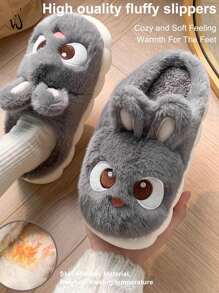 2024 Women Home Slippers Low Heel Soft Bottom New Ladies Slippers Round Toe Minimalist Winter Warm Daily Casual Autumn Winter Shoes Plush Rabbit Slippers, Suitable For Halloween - Grey - View 6