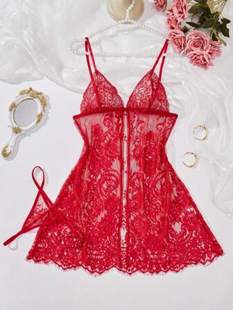 Set de 2 piezas lencería sexy de encaje rojo con vestido y tanga para mujer