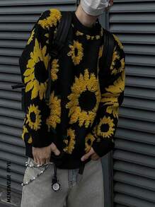 Pull tricoté ample à motif jacquard floqué tournesol rétro pour hommes, style de haute rue, automne/hiver