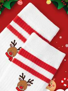 1双儿童袜子秋冬白色中筒袜红色双杠学生袜可爱卡通圣诞圣诞老人麋鹿图案圣诞装 - 彩色 - 查看 3