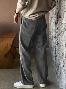 男士休闲时尚纯色灯芯绒长裤，适合日常穿着 - 灰色 - 查看 7