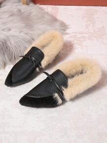Fashionable Fluffy Flat Shoes, Fluffy Lining Warm Winter Casual Slip-On Shoes With Bow Decor, Pointed Toe, Rubber Sole For Outdoor/Daily Wear Valentines