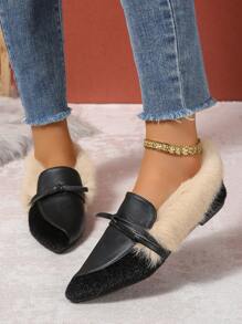 Fashionable Fluffy Flat Shoes, Fluffy Lining Warm Winter Casual Slip-On Shoes With Bow Decor, Pointed Toe, Rubber Sole For Outdoor/Daily Wear Valentines