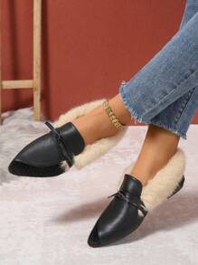 Fashionable Fluffy Flat Shoes, Fluffy Lining Warm Winter Casual Slip-On Shoes With Bow Decor, Pointed Toe, Rubber Sole For Outdoor/Daily Wear Valentines