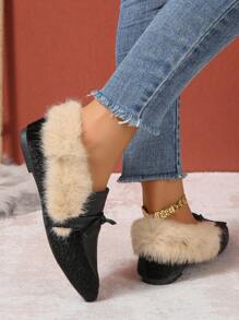 Fashionable Fluffy Flat Shoes, Fluffy Lining Warm Winter Casual Slip-On Shoes With Bow Decor, Pointed Toe, Rubber Sole For Outdoor/Daily Wear Valentines