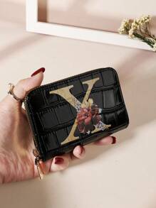 Cartera organizadora de tarjetas con cremallera alrededor, estampado de flores y hojas en acuarela, letras del alfabeto con relieve de piedra y estampado de cocodrilo, de múltiples capas, portátil y minimalista, ideal como regalo de aniversario, cumpleaños, para pareja, niña, mujer, para llevar a la escuela, universidad o como complemento de moda - Negro - Ver 17