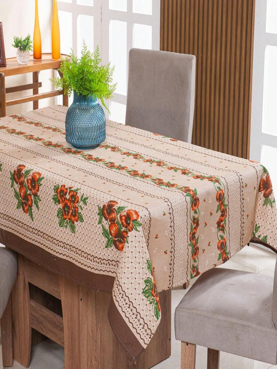 Linen Tablecloth 2.00m X 1.40m 6 Places Printed Decoration - Flores Laranja - Xem 1