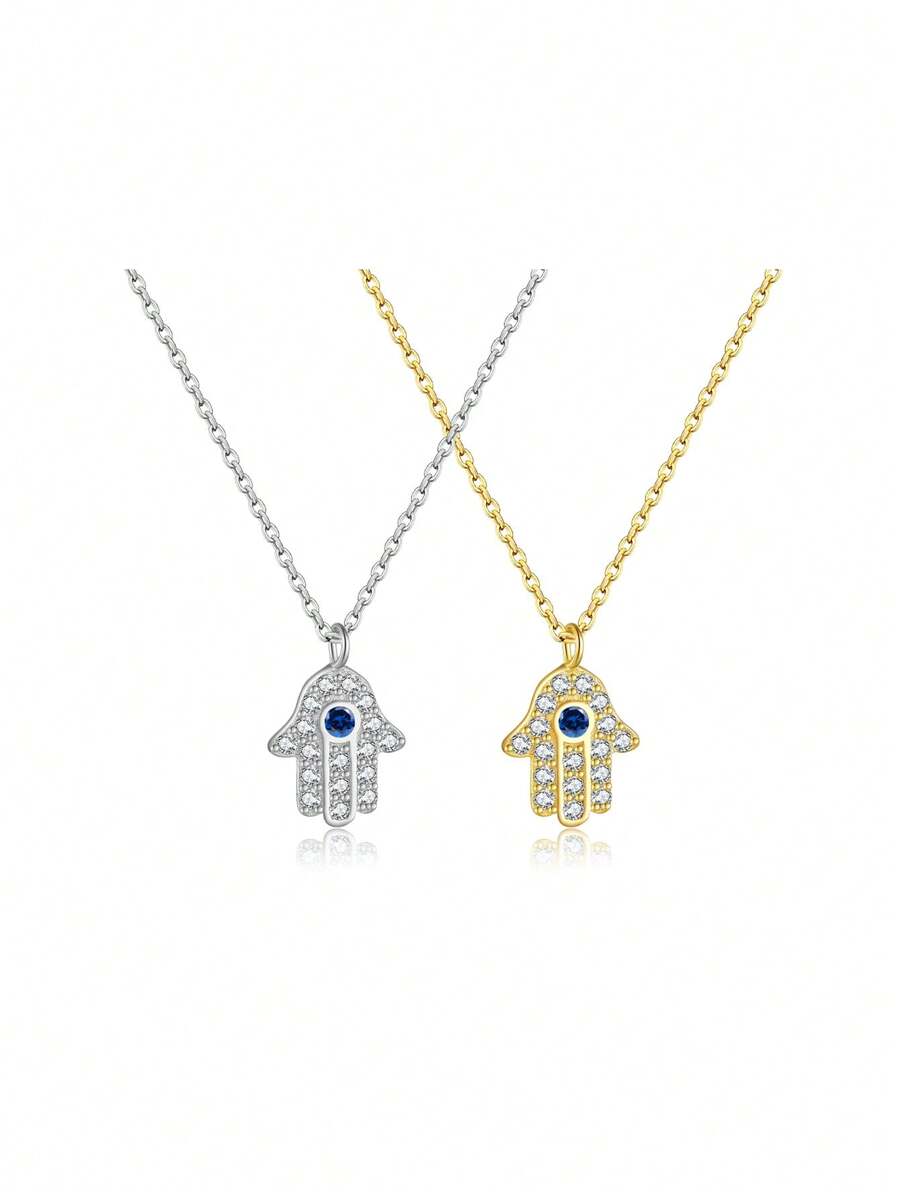 ANDYWEN 1入組精美純銀方晶鋯石裝飾手掌吊墜銀吊墜項鍊適合女士適合派對 - 銀色 - 查看 1