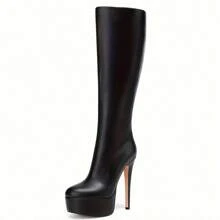 Women's Black Zipper Closure Stiletto High Heel Knee-High Boots - Black - View 4