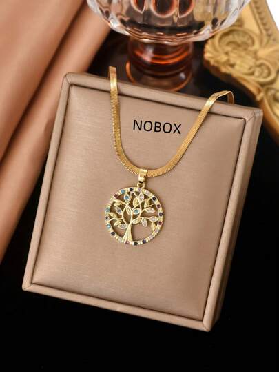 1 pieza Collar de cadena plana de acero inoxidable dorado con baño de oro de 18k y colgante del árbol de la vida y árbol feliz decorado con rhinestones multicolor, collar unisex minimalista de moda vintage para uso diario, Navidad, Halloween y fiestas