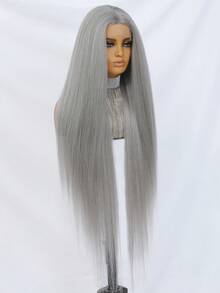 Tóc giả ren thẳng 40 inch phía trước T-Part tổng hợp 13x4x1 Tóc giả ren dài sợi chịu nhiệt CopperHD Tóc giả ren phía trước không cần keo - Xám - Xem 6