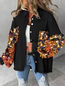 ChicMe Contrast Color Sequin Long Sleeve Jacket, Button Front, Fuzzy Hem, Loose Shirt Style Top - Multicolor - View 4