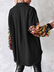 ChicMe Contrast Color Sequin Long Sleeve Jacket, Button Front, Fuzzy Hem, Loose Shirt Style Top - Multicolor - View 3