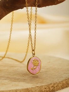 Dây chuyền mặt hình bầu dục mạ vàng cổ điển tráng men hoa cho phụ nữ Dây chuyền bằng thép không gỉ Quà tặng - Nhiều màu - Xem 16