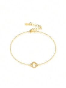 1pc Fashionable & Simple S925 Sterling Silver Cubic Zirconia Hollow Four-Leaf Clover Flower Bracelet, Everyday Wear For Women, Jewelry Gift For Valentine's Day, Holiday Valentines