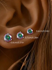 1 Cặp bông tai đinh tán vặn vít 3 chấu bằng bạc Sterling 925 Minimalist Rainbow Cubic Zironia, kích thước 8mm/7mm/6mm, hộp quà tặng - Bạc - Xem 1