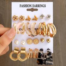 22pcs/Set Elegant Geometric Design Hoop Earrings Set For Women, Luxury Earrings Suitable For Daily Commute - Yellow Gold - View 16