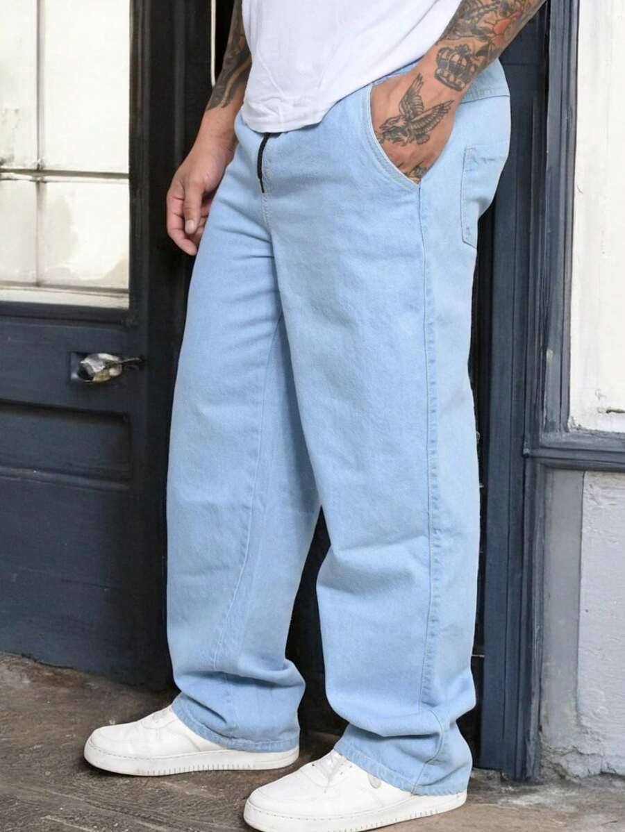 Men's Baggy Balloon Jeans 100% Denim Wide Leg Model - 淺色水洗藍 - 查看 1