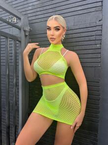Bộ đồ lót gợi cảm cho nữ Fishnet Baby Doll Bodysuit hai mảnh đồ ngủ - huỳnh quang màu xanh lá cây - Xem 1