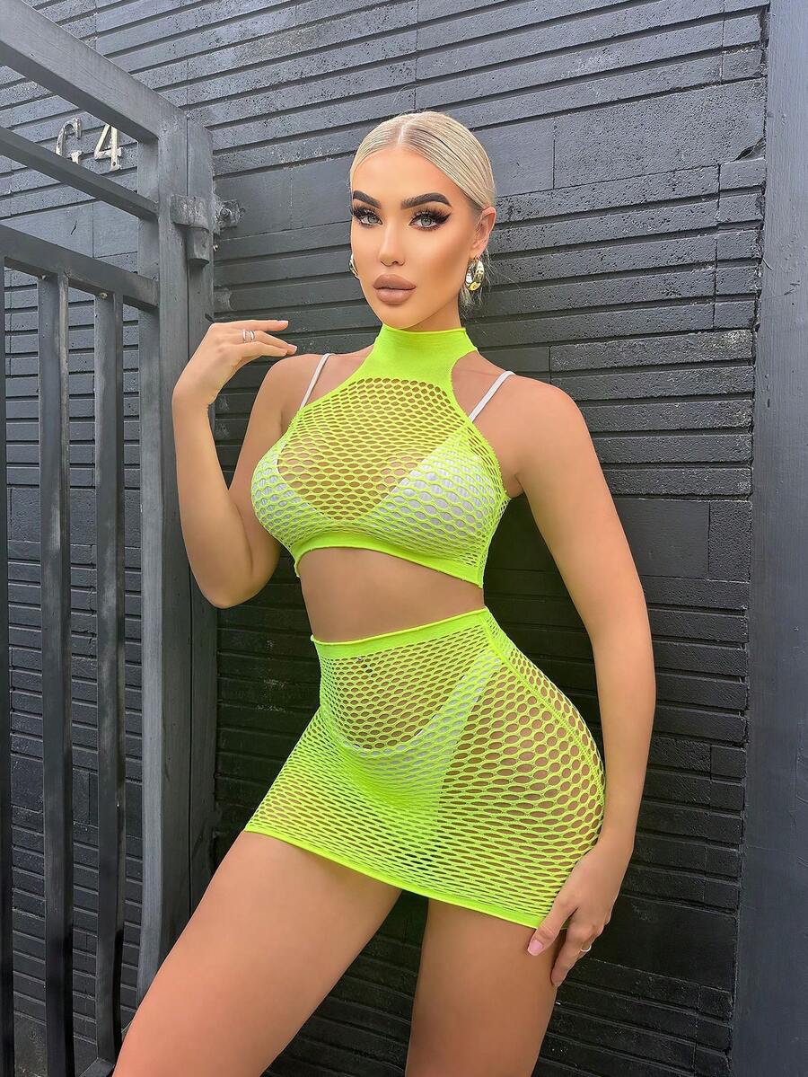 Bộ đồ lót gợi cảm cho nữ Fishnet Baby Doll Bodysuit hai mảnh đồ ngủ - huỳnh quang màu xanh lá cây - Xem 1