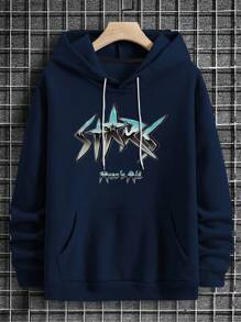 Men's Hoodie Casual Letter Print Drawstring Hoodie Sweatshirt With Kangaroo Pocket Drawstring Hoodie, Autumn/Winter