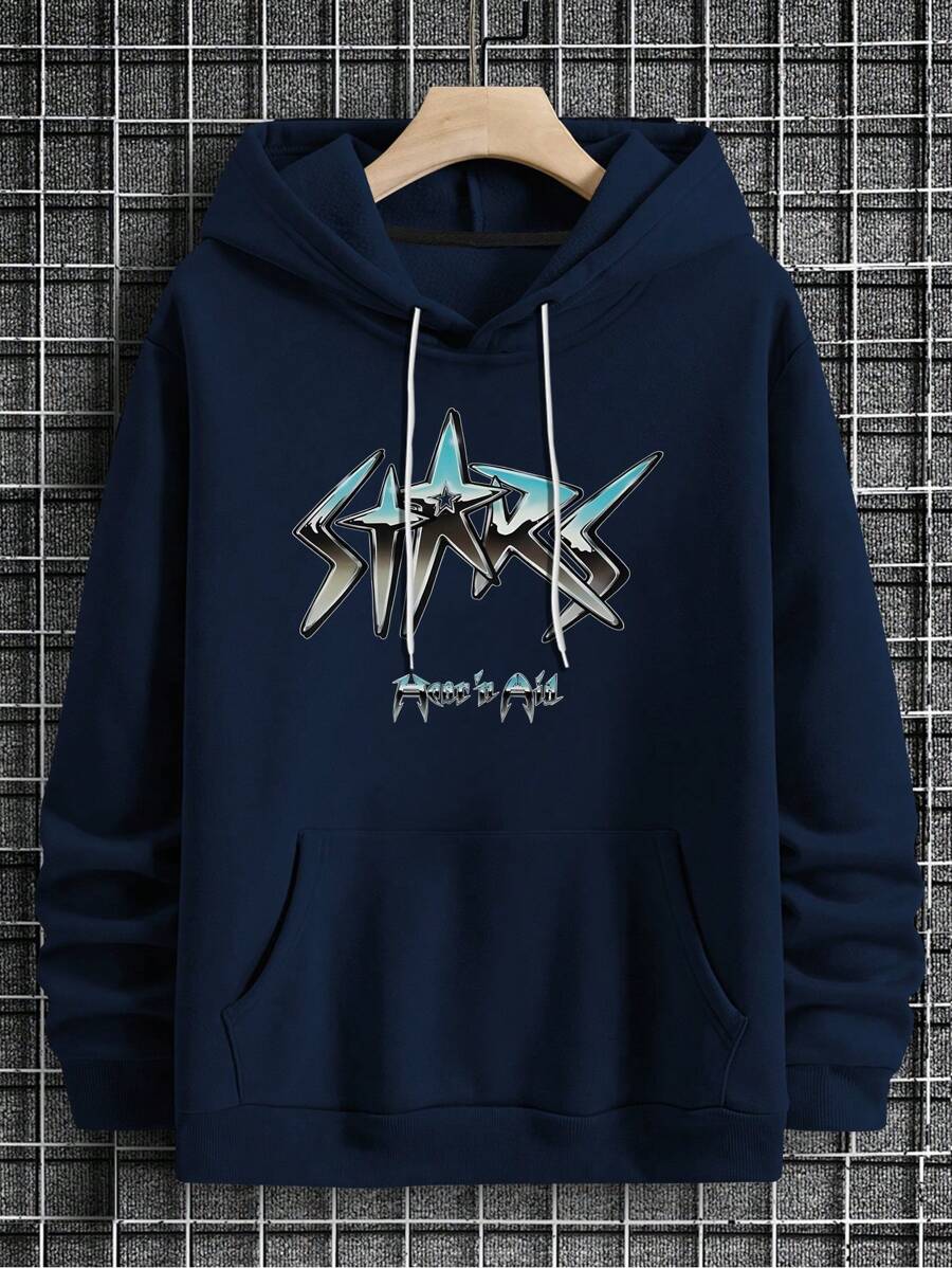 Men's Hoodie Casual Letter Print Drawstring Hoodie Sweatshirt With Kangaroo Pocket Drawstring Hoodie, Autumn/Winter