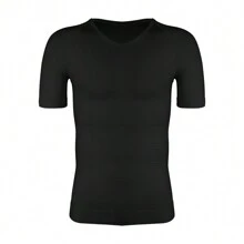 Mens V-Neck Tummy Control T-Shirt Abdomen Gynecomastia Compression Shapewear Tops Body Shaper Slimming Hide Man Boobs Muscle T Shirts - 黑色 - 查看 4